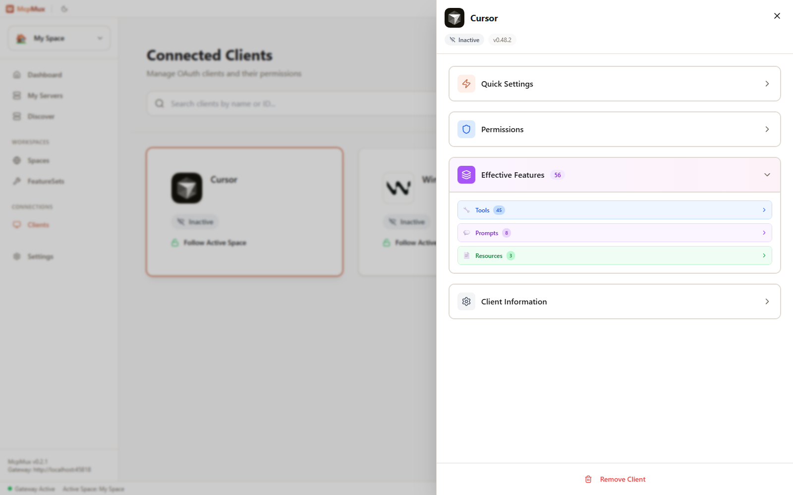 Effective Features view showing 45 tools, 8 prompts, and 3 resources available to Cursor
