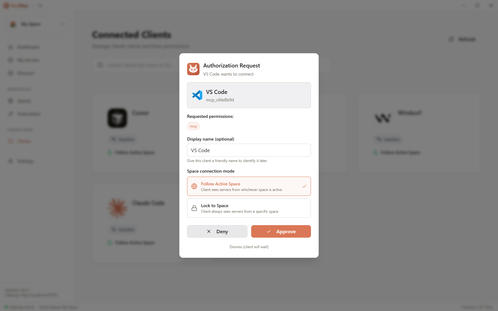 McpMux OAuth consent modal with VS Code requesting authorization