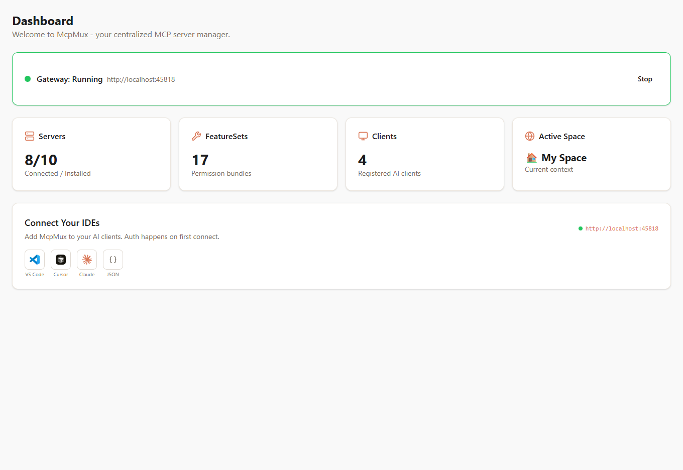 McpMux dashboard showing gateway status, server stats, and one-click client config