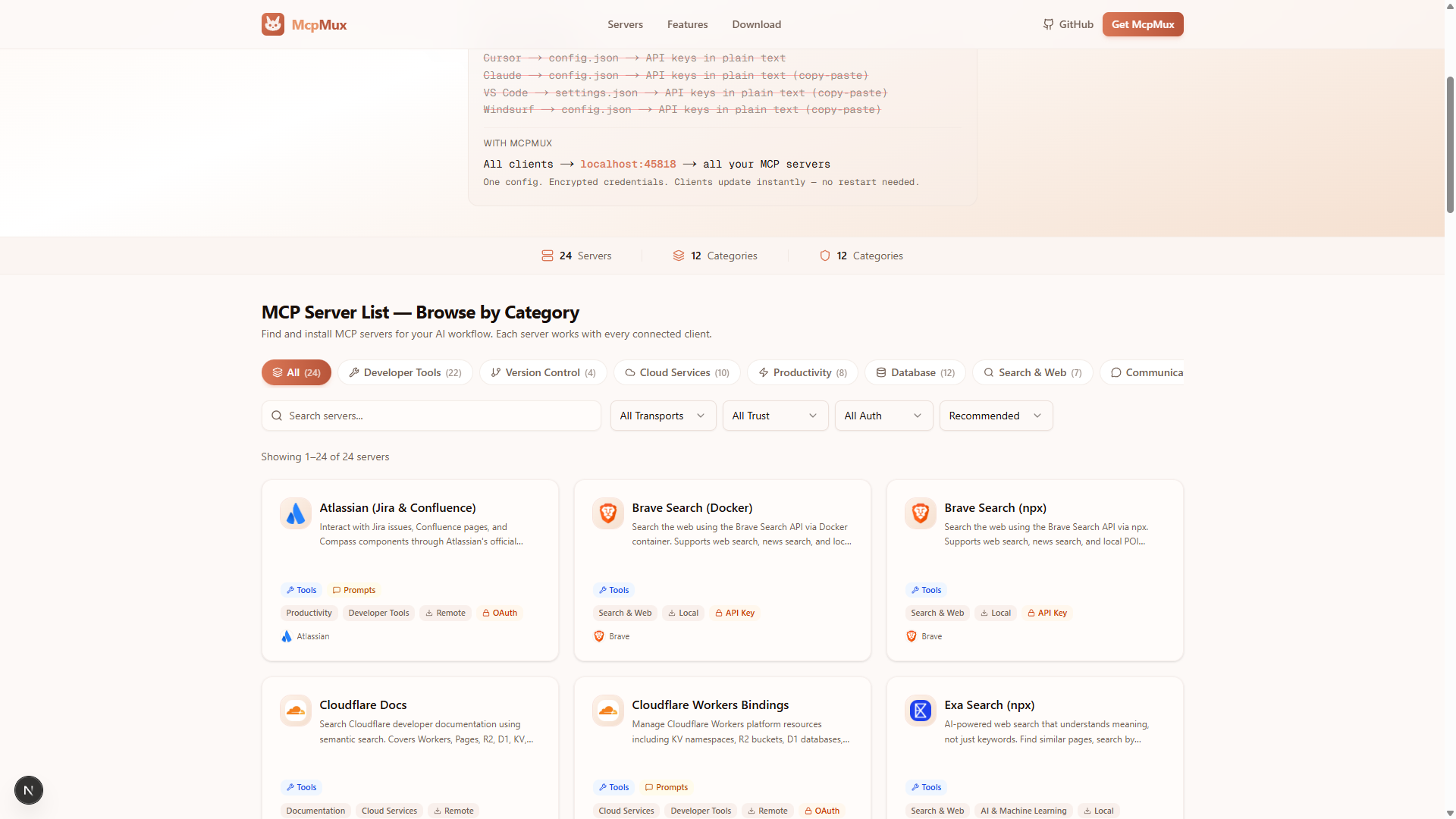 McpMux web registry — browse and install MCP servers with one click