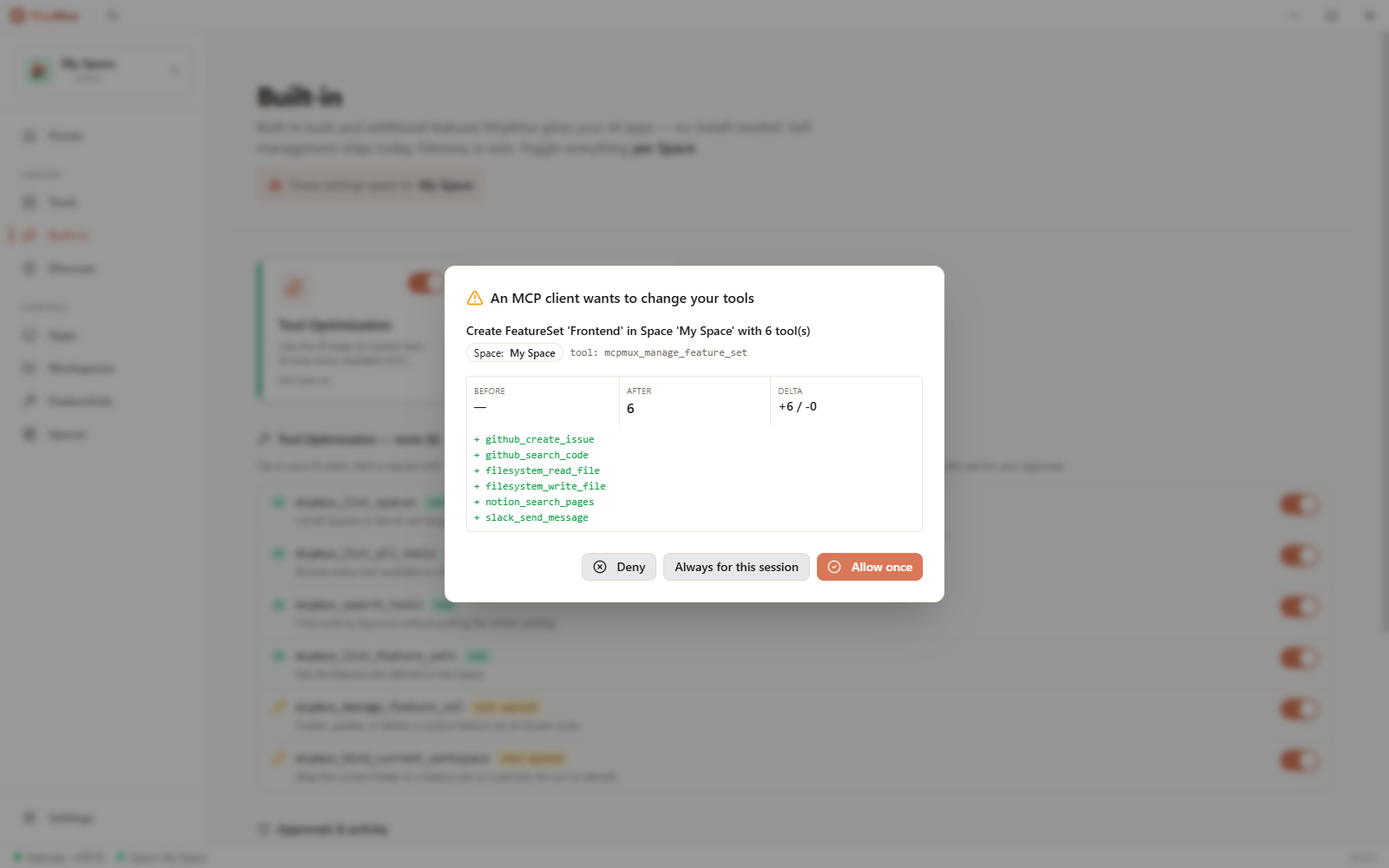 Approval — every self-management write asks first, showing the target Space and the exact tool diff