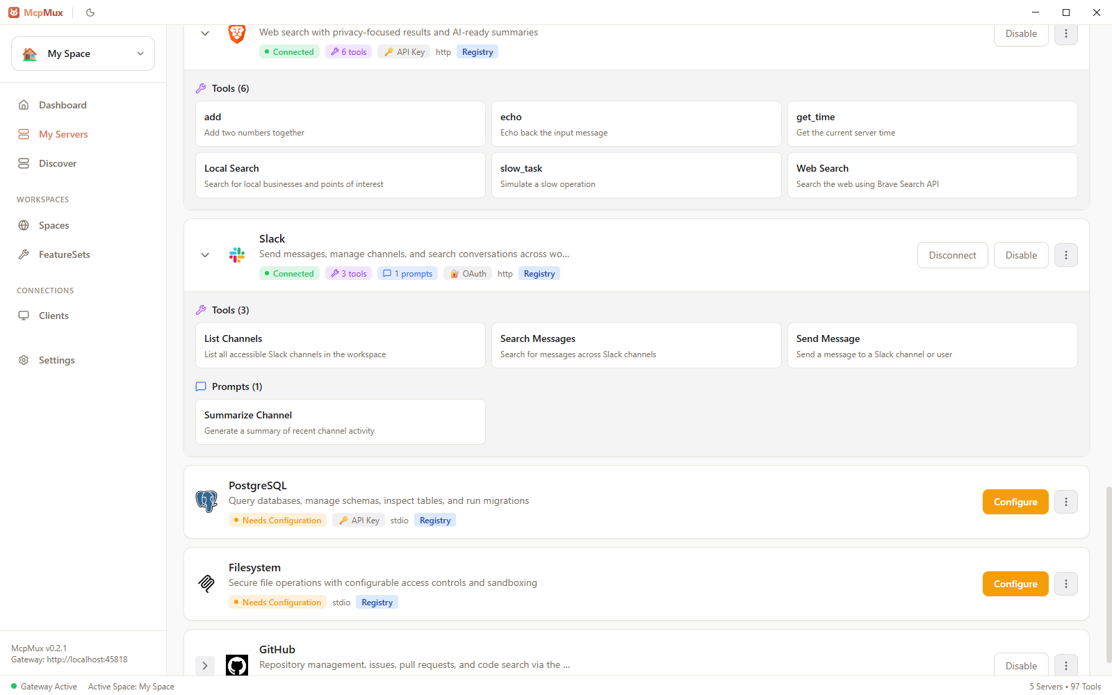 Expanded server view showing available tools and prompts for each connected server