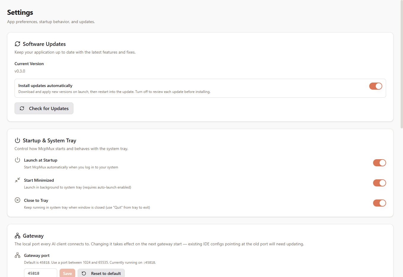 Settings — software updates, startup behavior, and the gateway port
