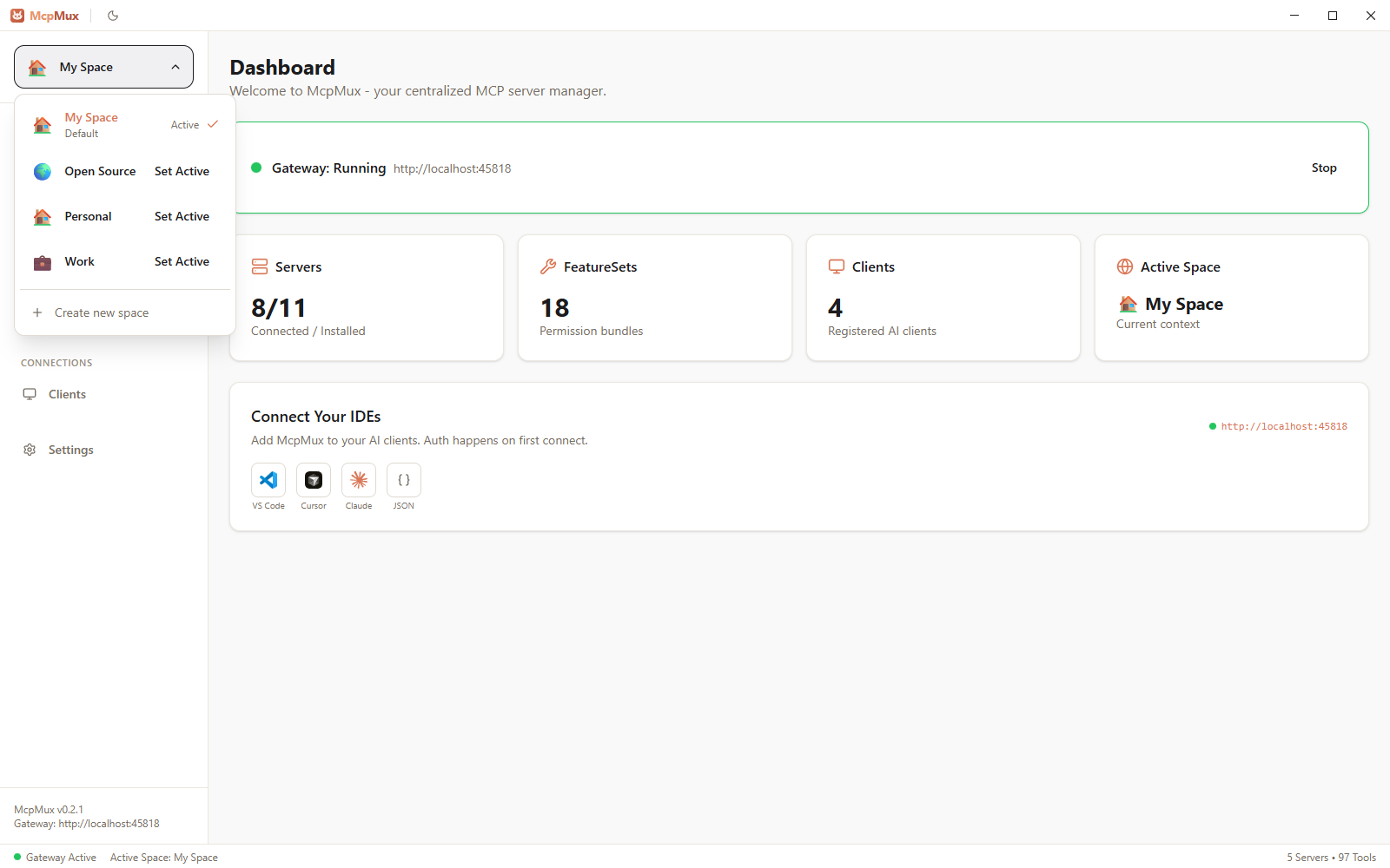 Space switcher in the sidebar lets you quickly switch between workspaces