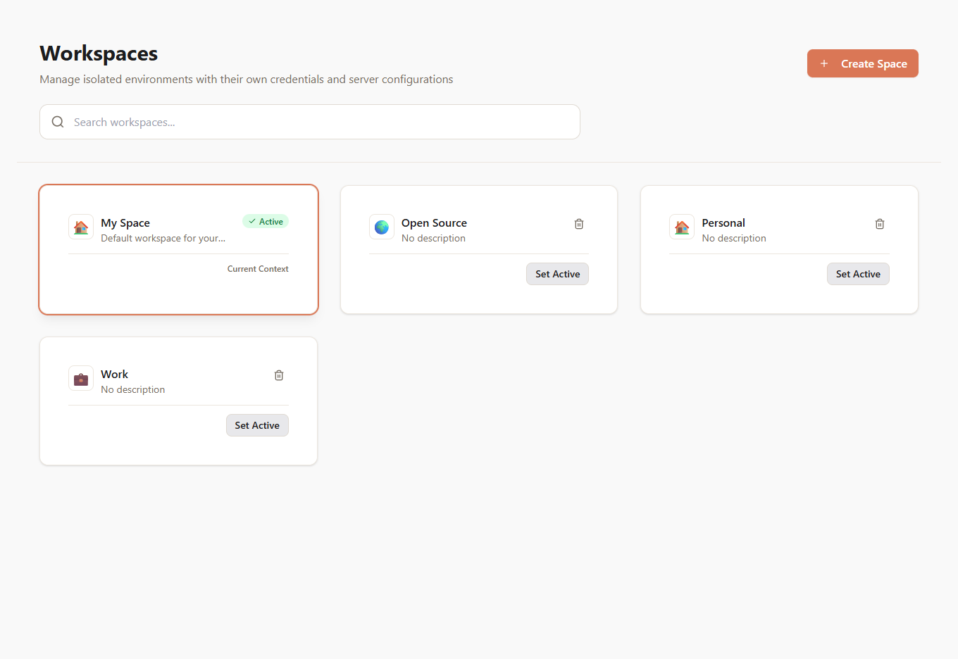 McpMux workspace spaces for isolated server configurations with one-click switching