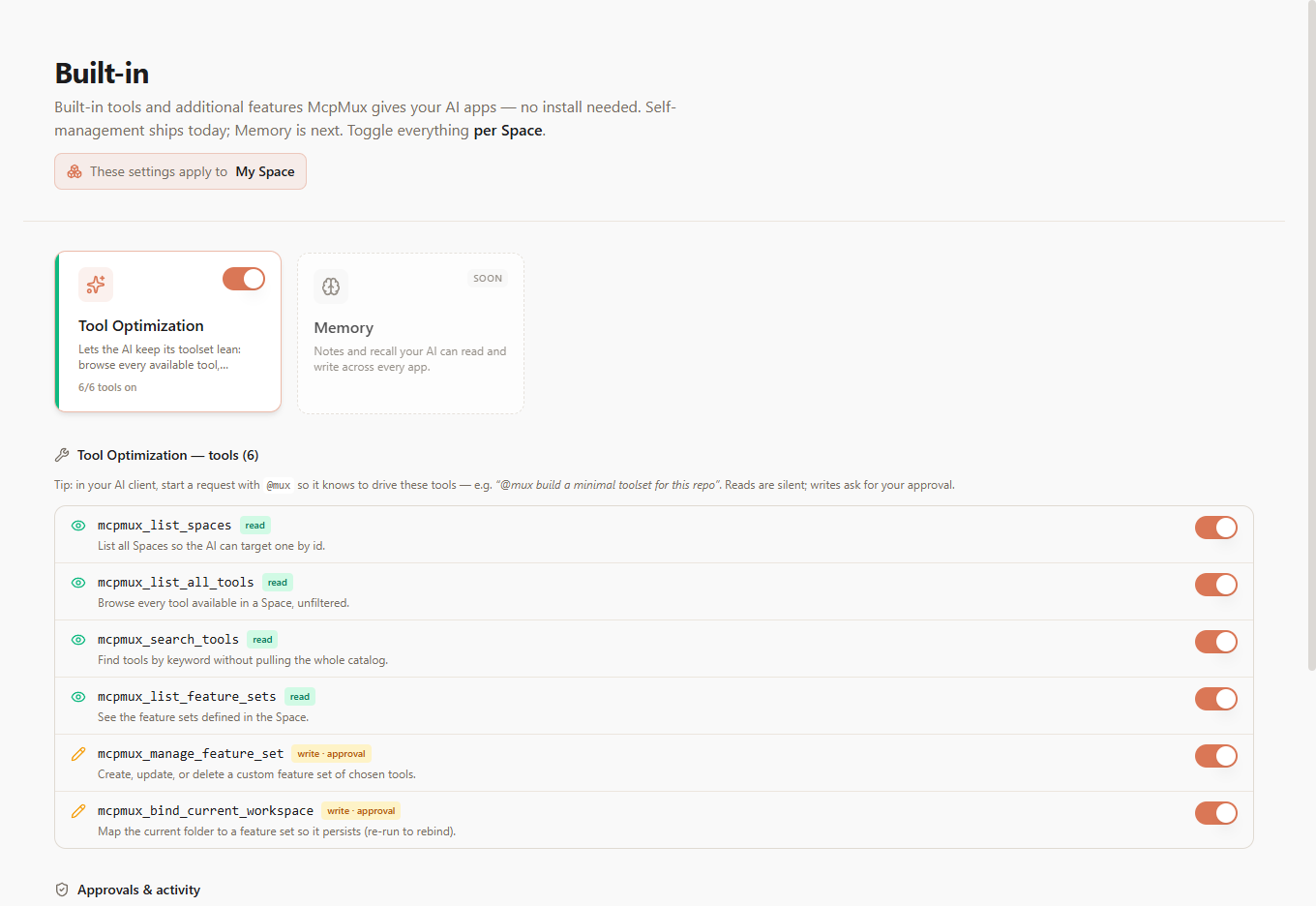 Tool Optimization — the built-in @mux tools the AI drives, reads silent and writes gated
