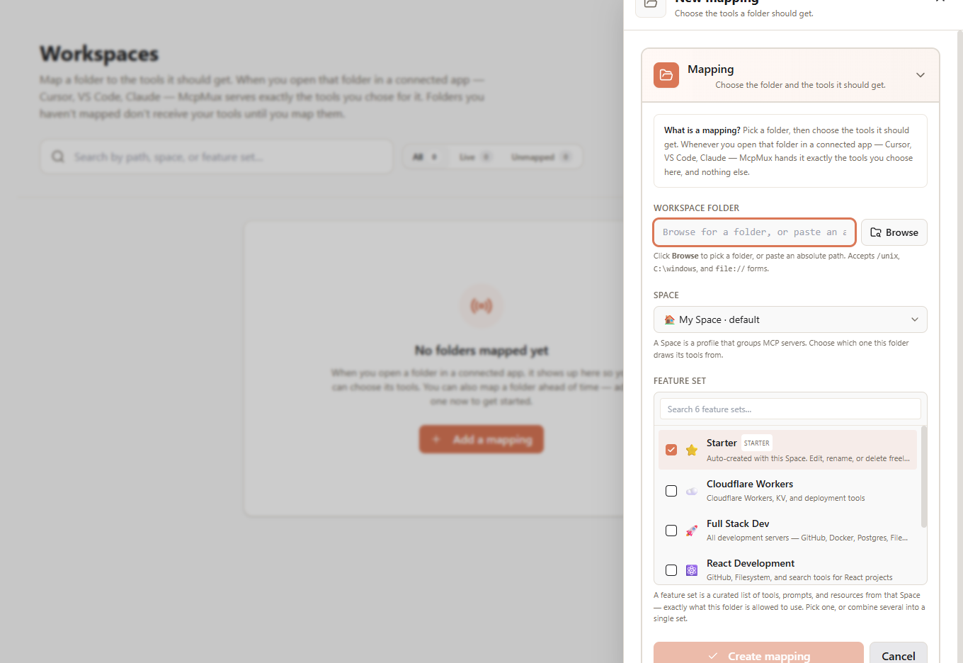 Workspaces — map a project folder to the Space and FeatureSet it should get